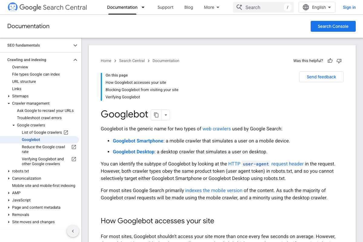 Google Search Central's official 'What Is Googlebot' page defines Googlebot as a generic name for two crawler types — Smartphone and Desktop — that share a single robots.txt product token.