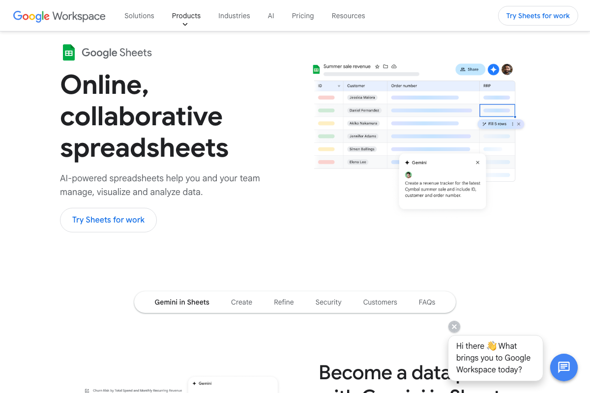 Google Sheets product page (google.com/sheets/about/) confirming native Gemini integration — the tutorial's step 5 data compilation tool now has built-in AI assistance.