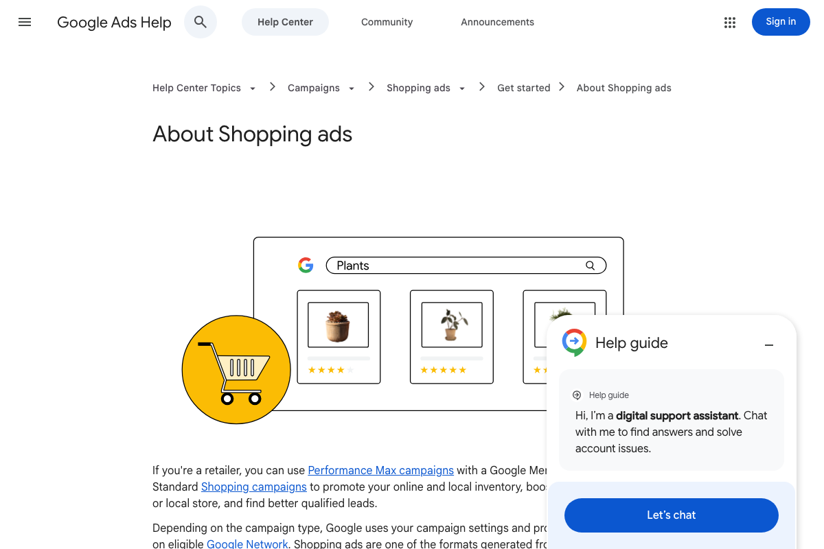 Google Ads Help — About Shopping ads confirming Performance Max and Standard Shopping as complementary options for retailers
