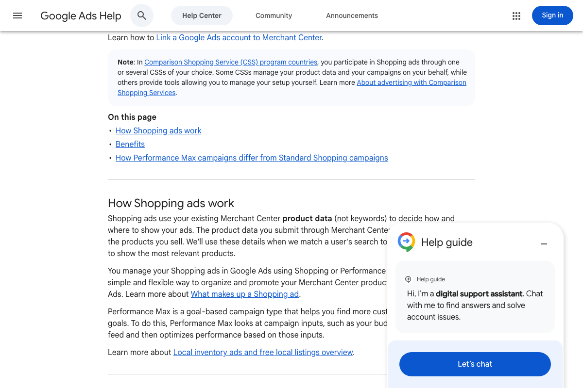 Shopping ads feature breakdown noting product-attribute-based targeting and a visible Performance Max vs. Standard Shopping comparison section