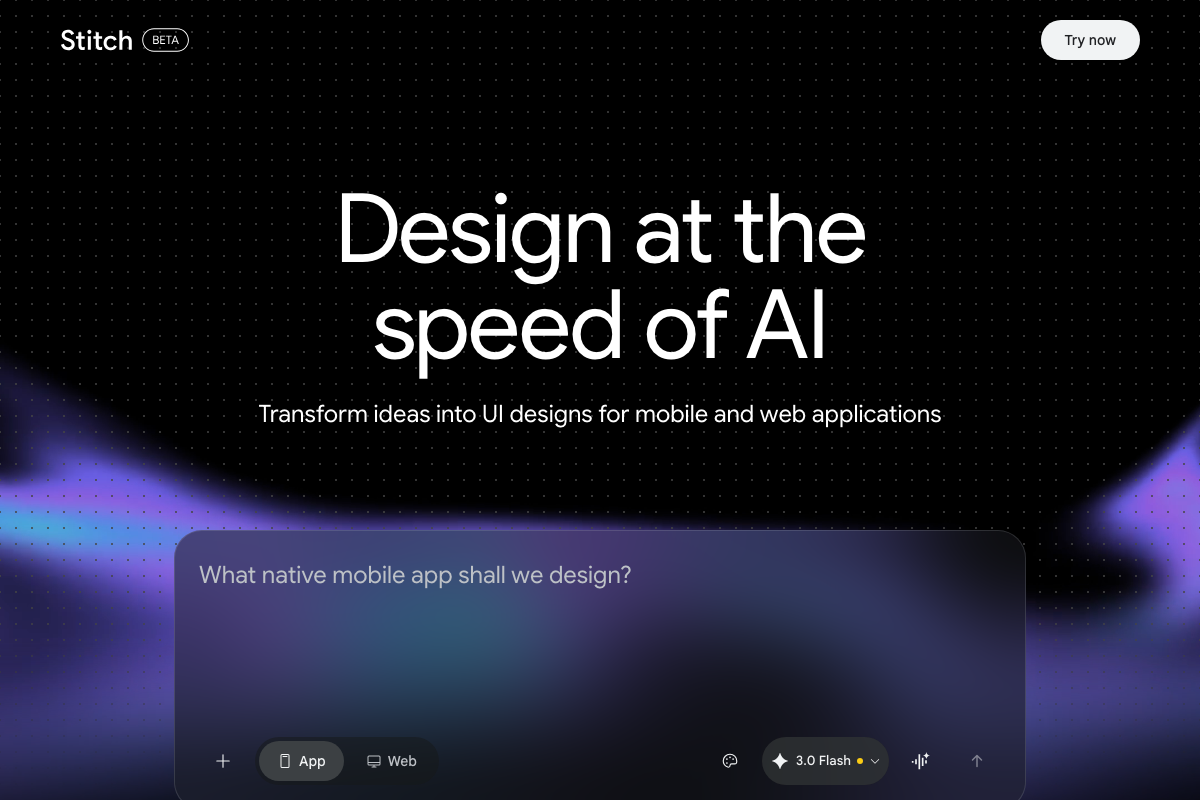 Stitch (BETA) at stitch.withgoogle.com — 'App' is the default mode; click the 'Web' tab before prompting
