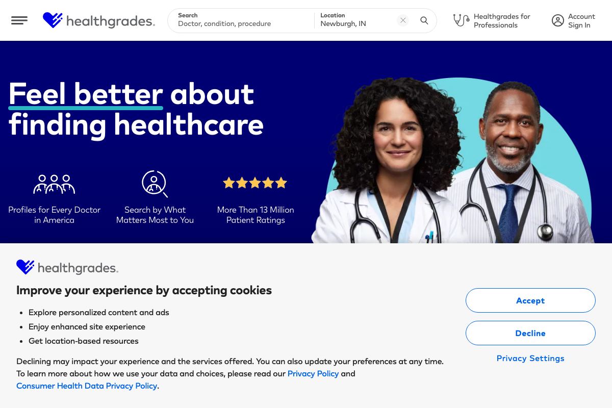 Healthgrades homepage — auto-generated profiles for every licensed US doctor, 13M+ patient ratings, plus online appointment booking