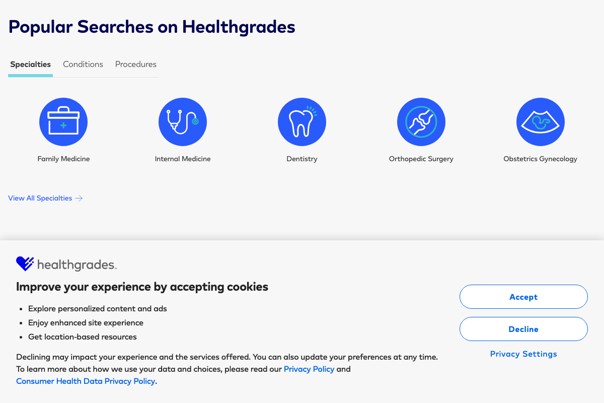 Healthgrades 'Popular Searches' organized by Specialties, Conditions, and Procedures — validating the tutorial's granular page architecture