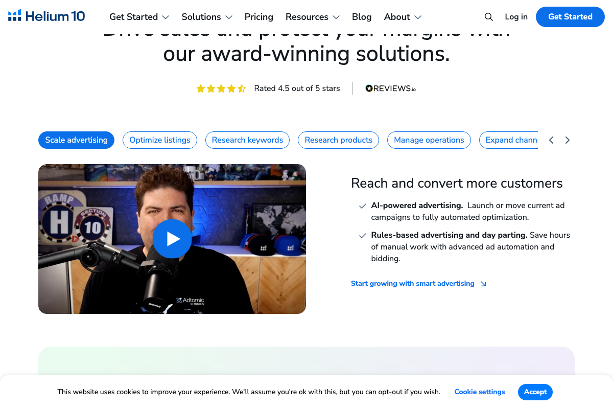 Helium 10 solutions page showing six workflow tabs including Research keywords, Optimize listings, and Research products.