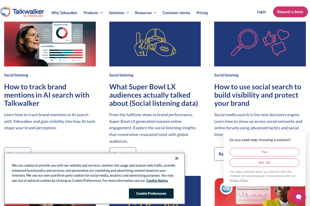 Talkwalker blog article cards visible, including brand mention tracking in AI search with full article description text, March 2026