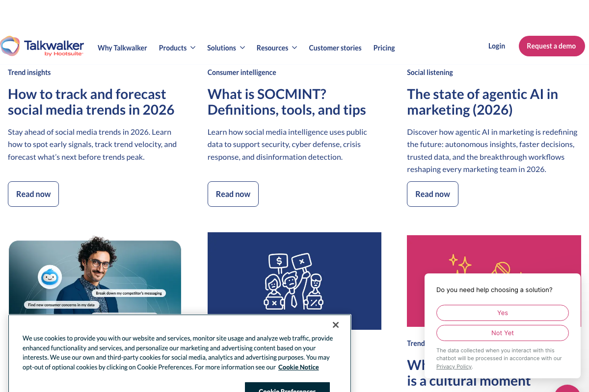 Talkwalker blog showing 'The state of agentic AI in marketing (2026)' article alongside trend forecasting and SOCMINT content, March 2026
