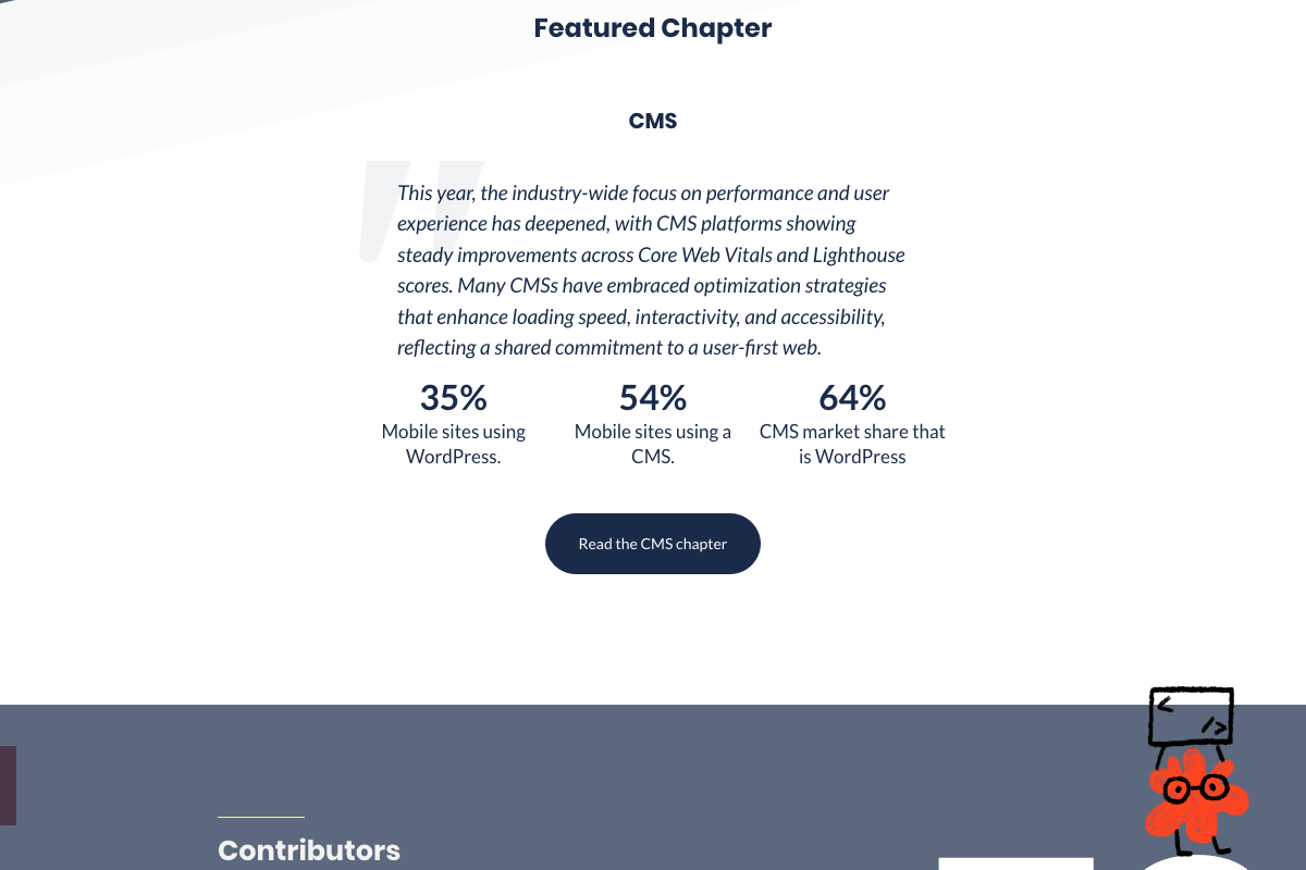 2025 Web Almanac featured chapter is CMS — the Page Weight chapter with mobile homepage size data is a separate chapter not featured on the homepage