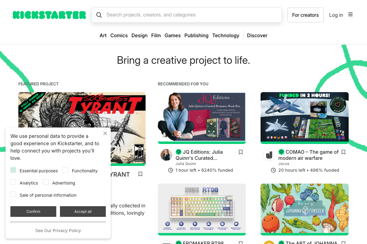 Kickstarter.com homepage: active project discovery with Technology category in nav — confirms platform is live for hardware campaign launches.