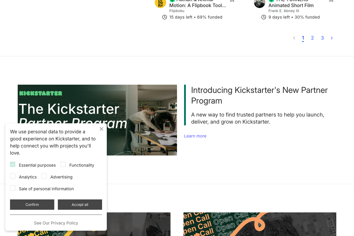 Kickstarter project listings showing time-remaining and funding-percentage indicators on live campaigns