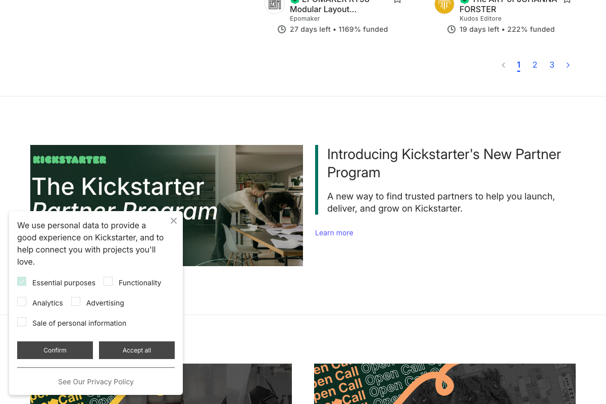 Kickstarter.com: funded projects at 1169% and 222% above goal; New Partner Program launch announcement visible.