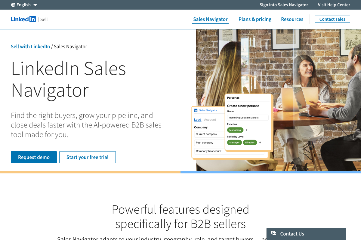 LinkedIn Sales Navigator product marketing page — the tutorial's lead sourcing steps reference standard LinkedIn People search, not the separate Sales Navigator interface