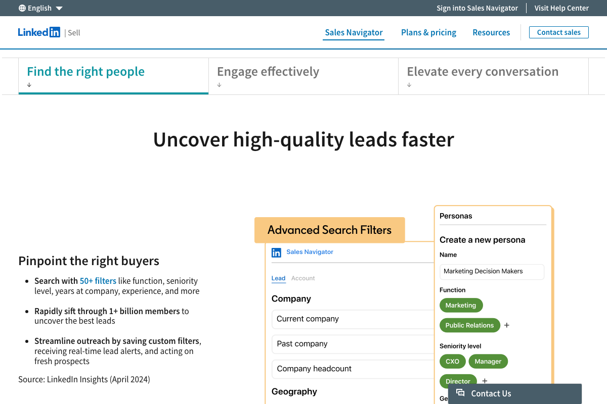 LinkedIn Sales Navigator Advanced Search Filters page showing 50+ filter options including function, seniority level, company headcount, and geography — as of April 2024