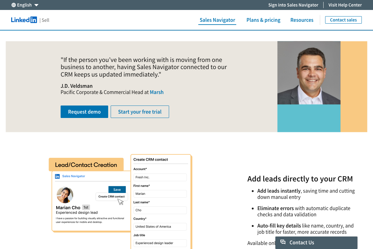 LinkedIn Sales Navigator Lead/Contact Creation panel showing direct CRM push capability — a native Sales Navigator feature not referenced in the tutorial's SendPilot workflow