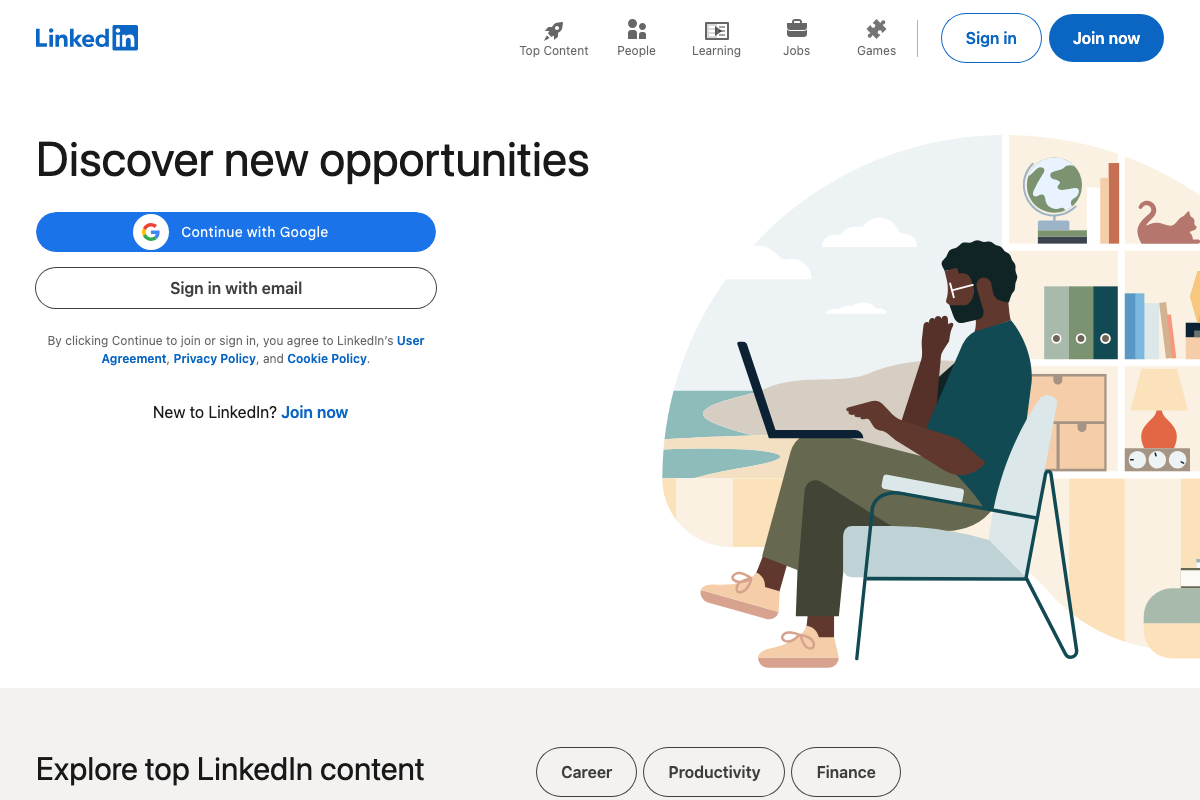 LinkedIn's public sign-in page showing credential-based and Google SSO login paths available at linkedin.com
