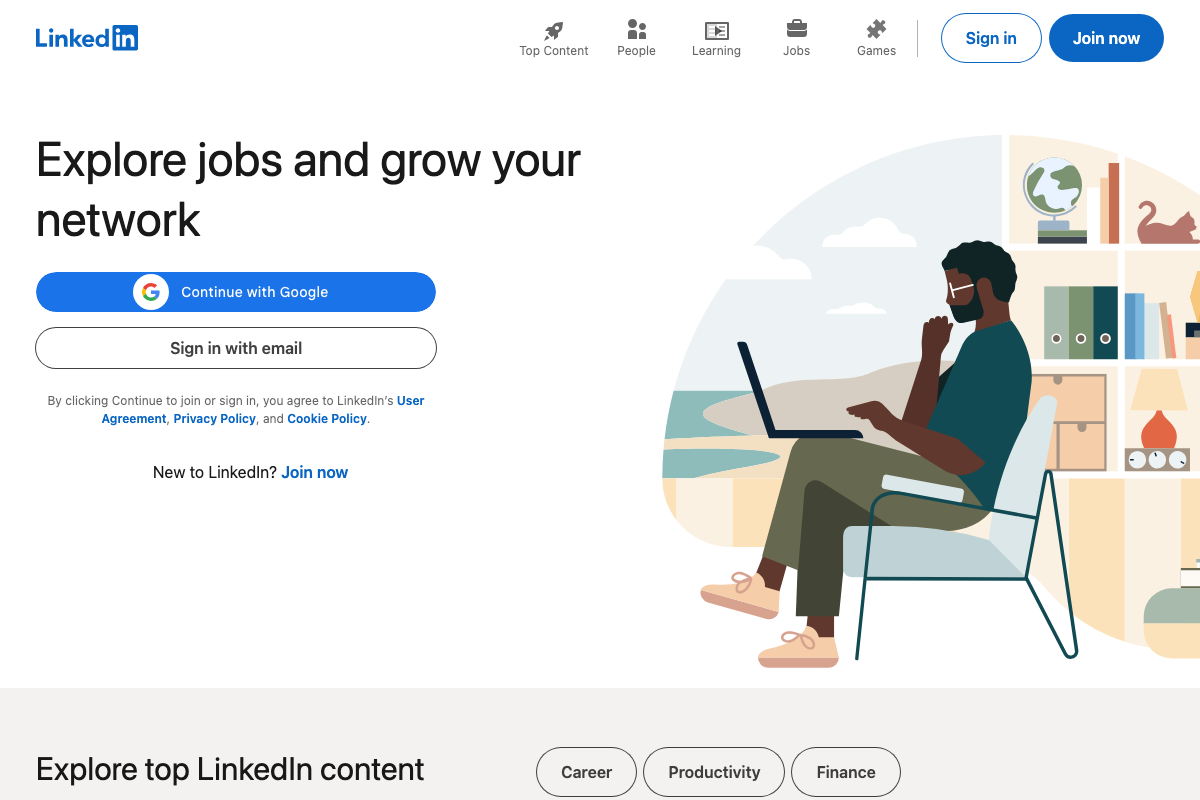 LinkedIn unauthenticated homepage — no practitioner resources on agency packaging or deliverable design were accessible from the captured screenshots