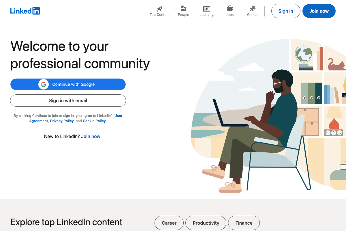 LinkedIn public login page confirming the platform's existence as a professional content destination.