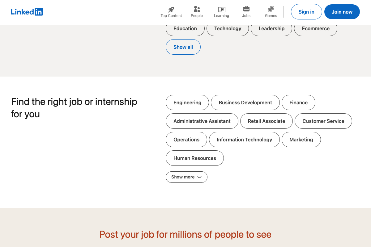 LinkedIn homepage scrolled to job categories — no SEO specialization or knowledge-base methodology resources are visible at the unauthenticated level