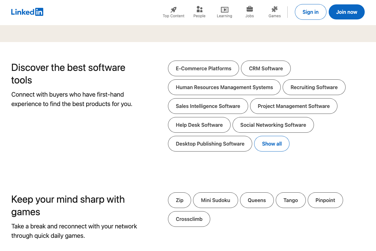 LinkedIn homepage scrolled to software discovery section — no competitive gap analysis or agency positioning content is present in any captured screenshot
