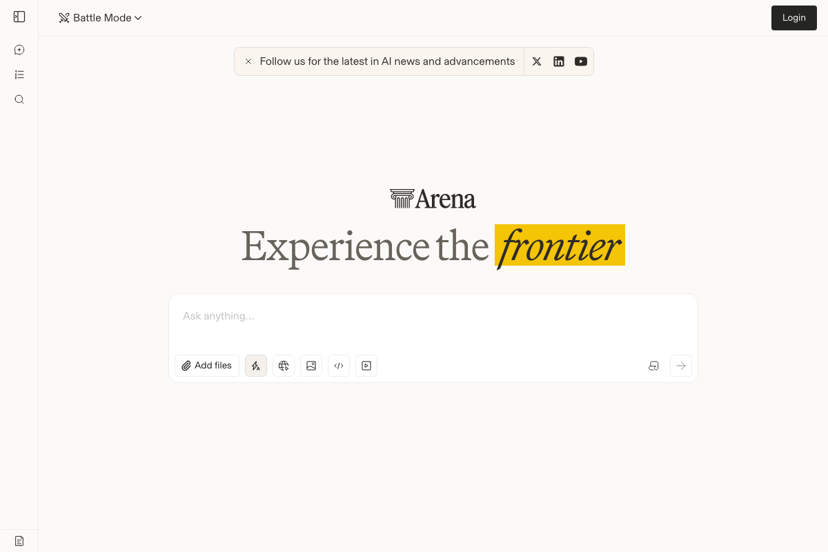 Arena AI homepage (lmarena.ai) — the site is now branded as Arena AI, not LM Arena. The leaderboard is a separate sub-page, not the default landing view.