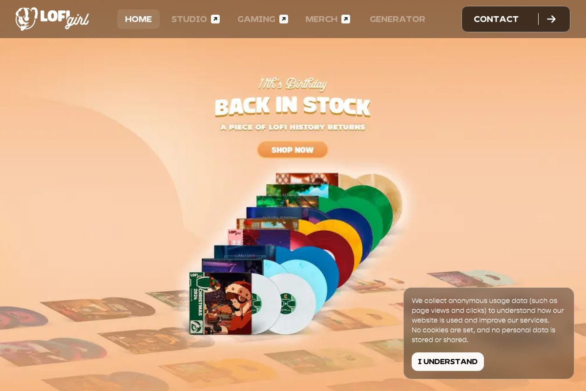 Lofi Girl homepage showing brand navigation and a vinyl merchandise promotion — no browser extension documentation visible