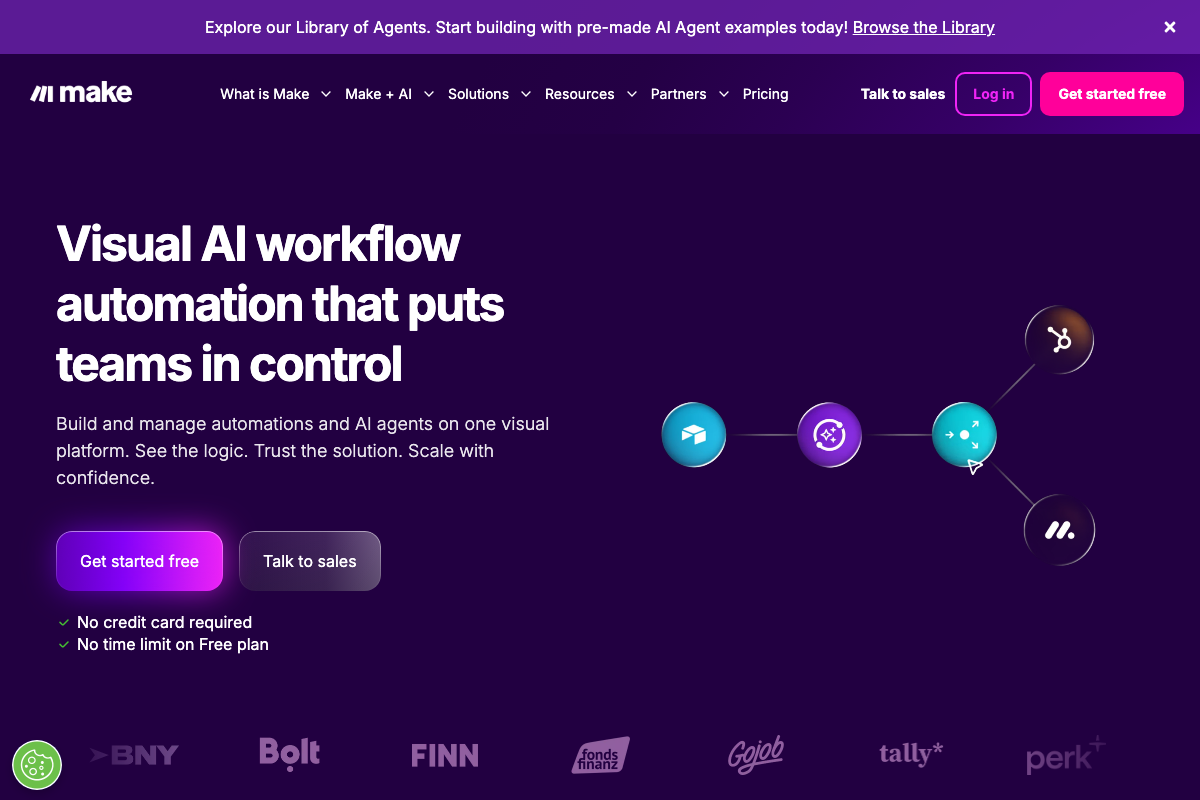 Make.com homepage confirming it as a visual AI workflow automation platform with a permanent free tier and no credit card required
