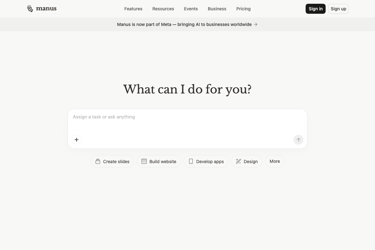 Manus.im homepage — prompt interface visible; no spreadsheet output or sub-agent UI captured in documentation screenshots.