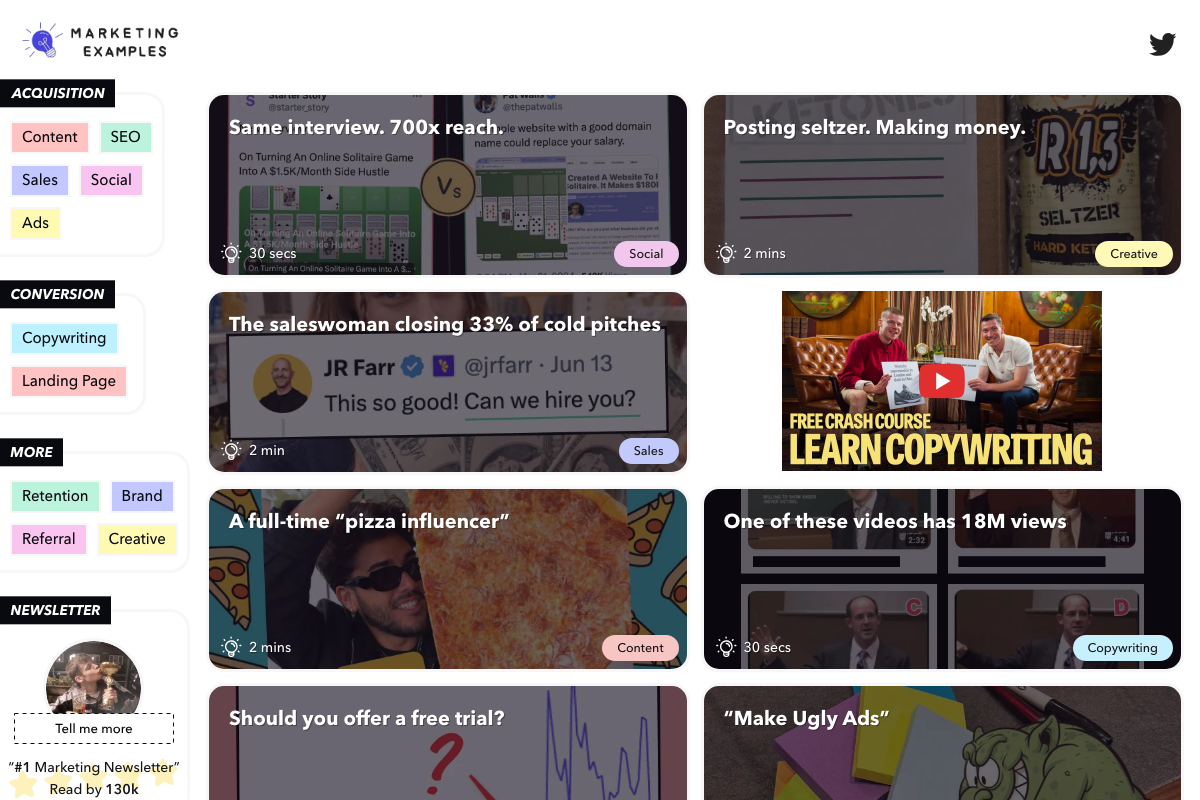 Marketing Examples homepage showing real-world sales and conversion case studies — format mirrors the video's case-study approach to the Joe Ades pitch