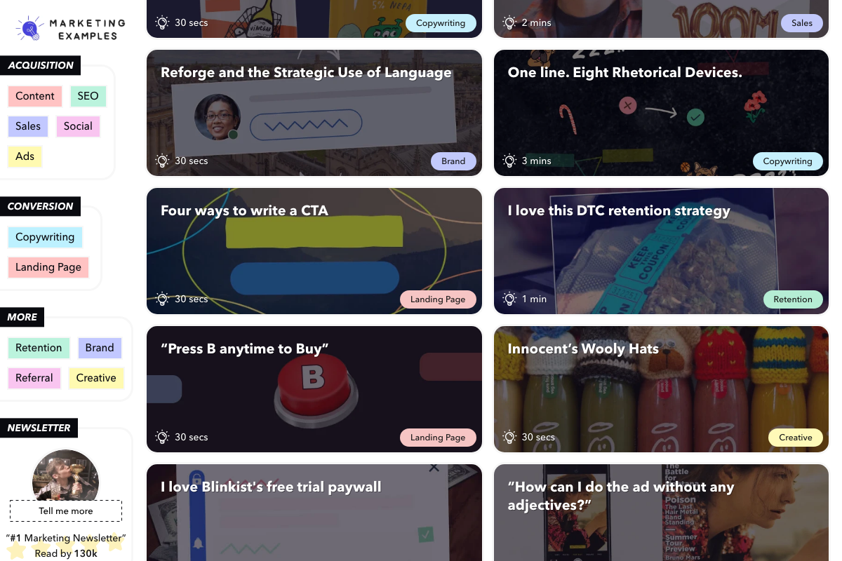 Marketing Examples language-strategy and CTA cards — documenting the written-channel equivalents of the spoken pitch techniques in steps 4 and 10