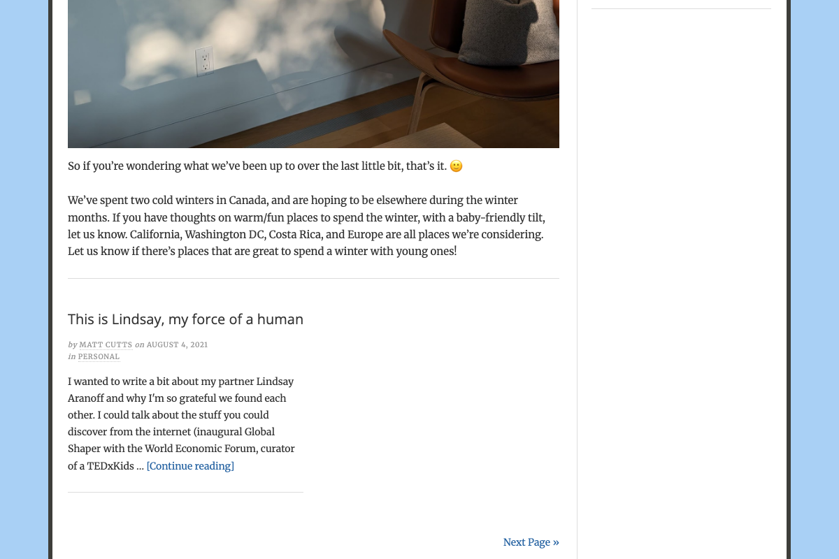 Matt Cutts blog listing — 'Next Page' pagination visible; older SEO posts are accessible via archive