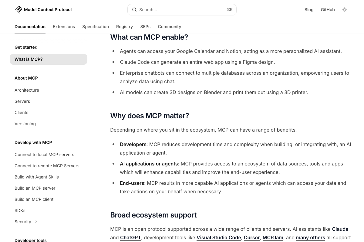 MCP official docs confirming Claude Code as a recognized MCP client alongside VS Code, Cursor, and ChatGPT — the architectural premise of steps 4 and 8 is validated here
