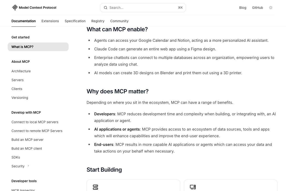MCP documentation showing use cases and stakeholder benefits, confirming the protocol enables AI agents to access external data sources and tools.