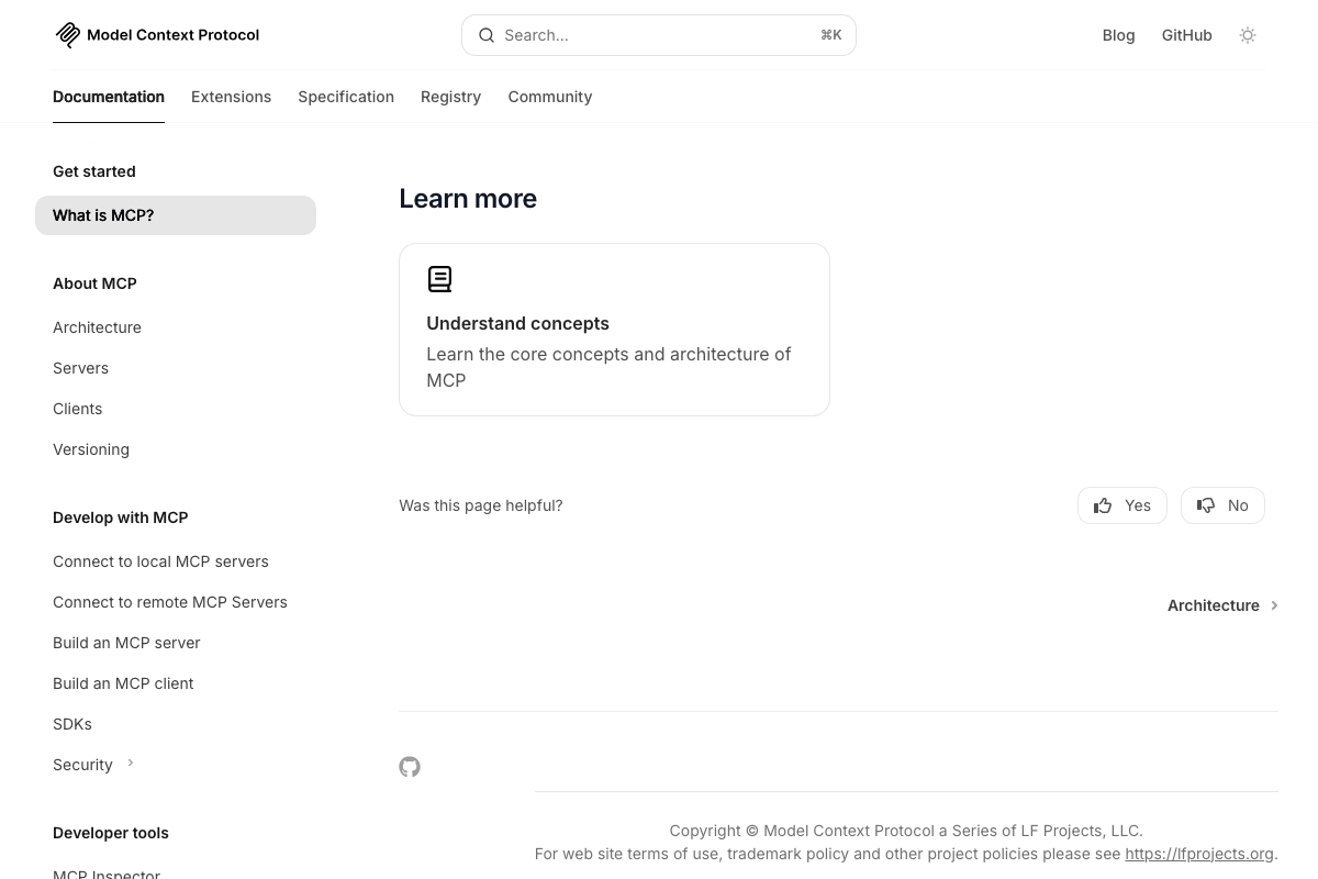 Bottom of the MCP introduction page showing the 'Learn more' section and Linux Foundation project attribution.