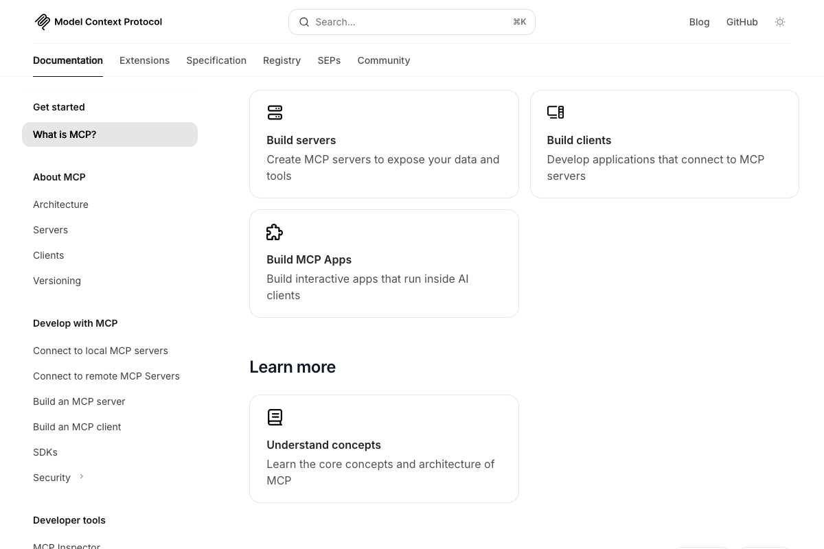 MCP documentation showing Build servers, Build clients, Build MCP Apps, and Understand concepts development pathways