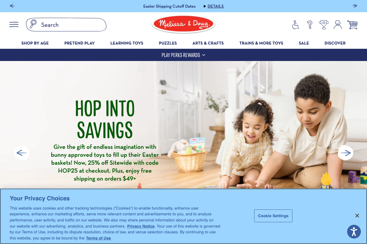 Melissa & Doug homepage confirming the brand as an active e-commerce retailer; the Fresh Mart Grocery Store product from step 4 is not visible in this screenshot.