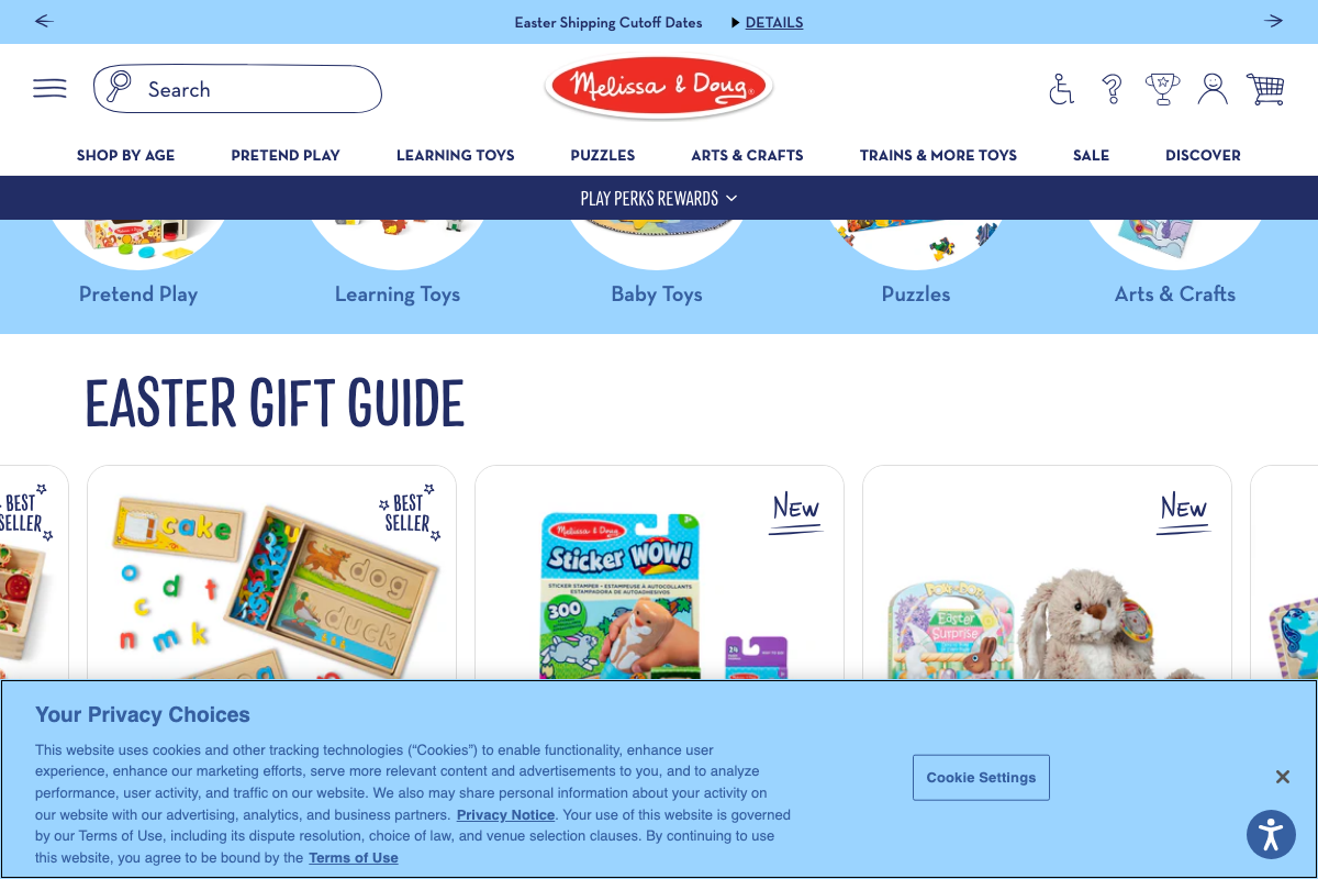 Melissa & Doug site navigation confirming the 'Pretend Play' category — the correct section for the Fresh Mart Grocery Store referenced in step 4.