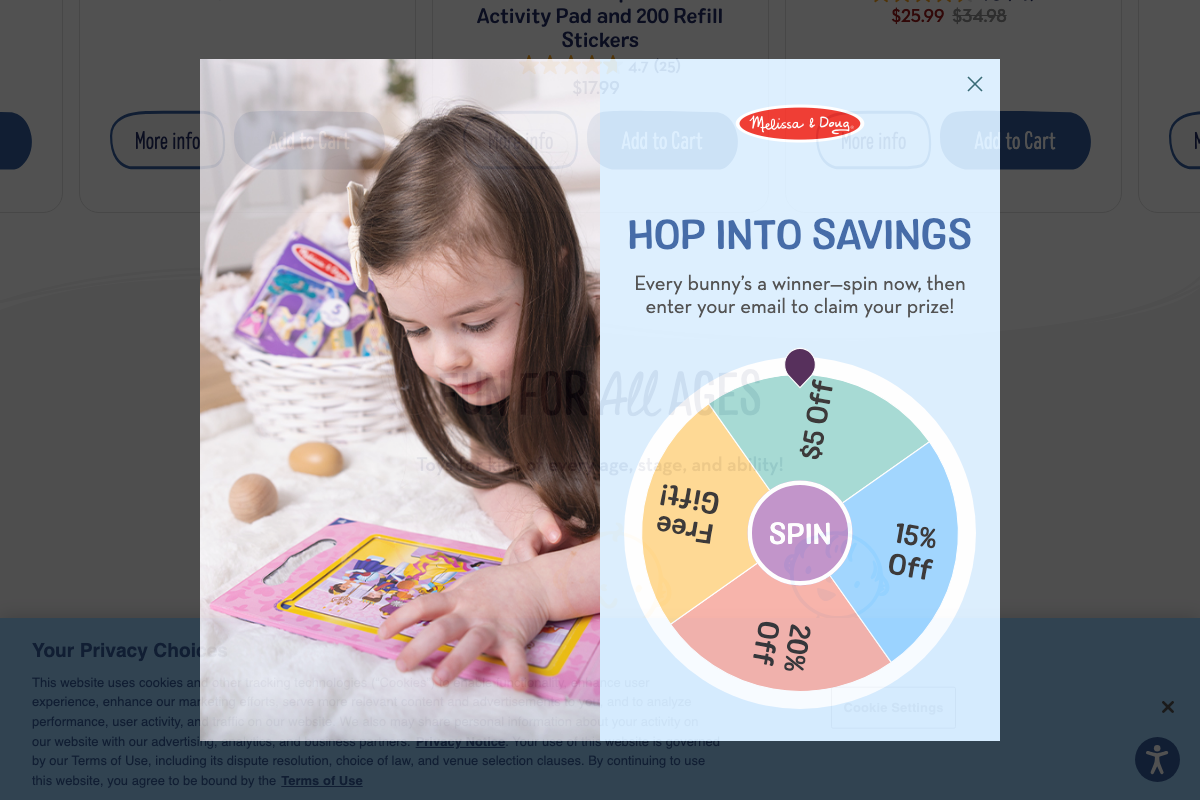 Melissa & Doug promotional overlay on a product page — the underlying product is not identifiable as the Fresh Mart Grocery Store.