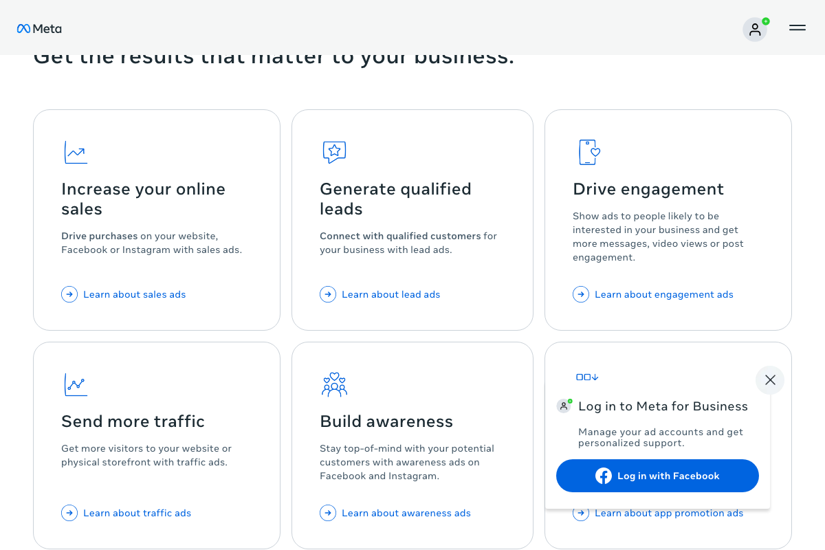 Meta for Business ad objectives grid showing six available campaign goals including Sales, Lead, Engagement, Traffic, Awareness, and App promotion.