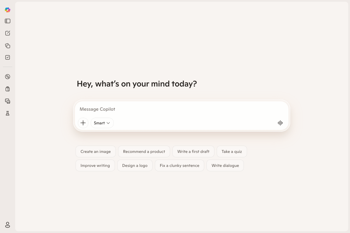 Microsoft Copilot homepage showing the 'Message Copilot' input with Smart mode selector, accessible without login