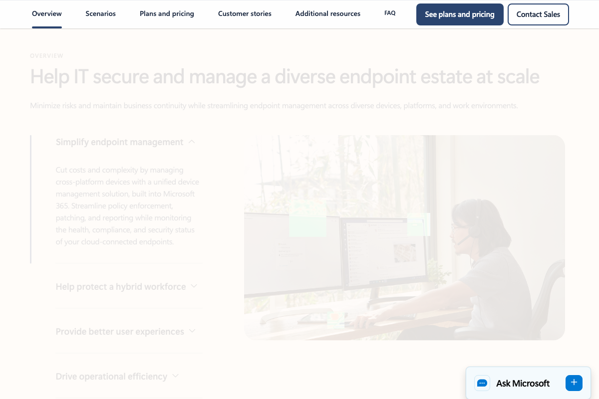 Microsoft Intune features section showing 'Simplify endpoint management' and cross-platform device management capabilities referenced in the Demo's device assignment step.