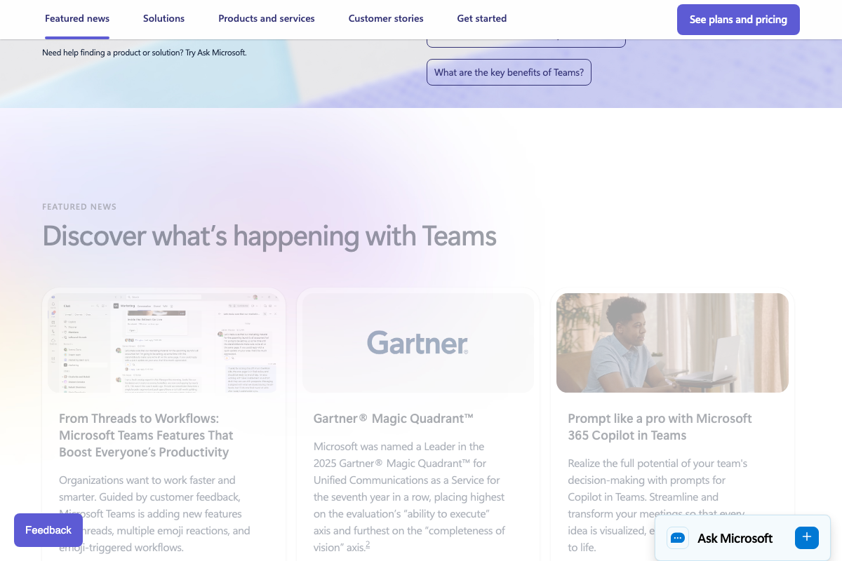 Microsoft Teams featured news section showing automation-triggered workflows and Microsoft 365 Copilot in Teams content, March 2026