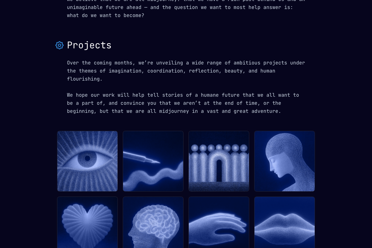 Midjourney.com projects section — thematic project previews with no V8 alpha model documentation or testing-methodology content.