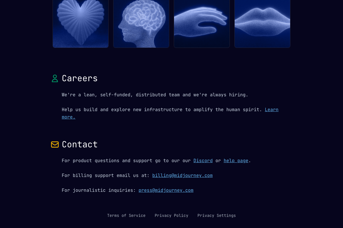 Midjourney.com Careers and Contact sections — no model-version documentation or V8 alpha evaluation content.
