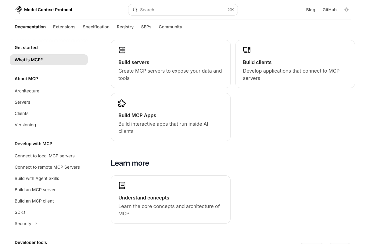 MCP docs hub showing the Registry tab for discovering pre-built MCP servers