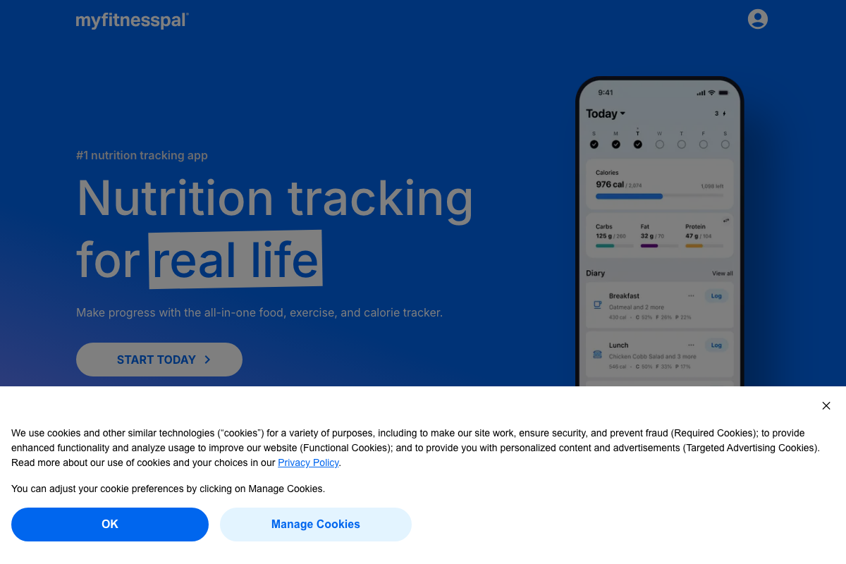 MyFitnessPal homepage showing calorie and macronutrient dashboard — the source app for Journal It's step 16 import claim
