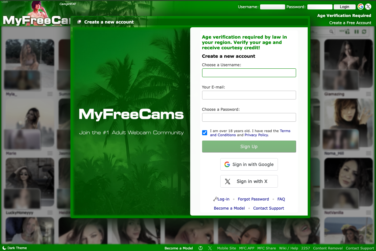 MyFreeCams account creation form showing the self-reported age-confirmation checkbox — a distinction the video does not make explicit.
