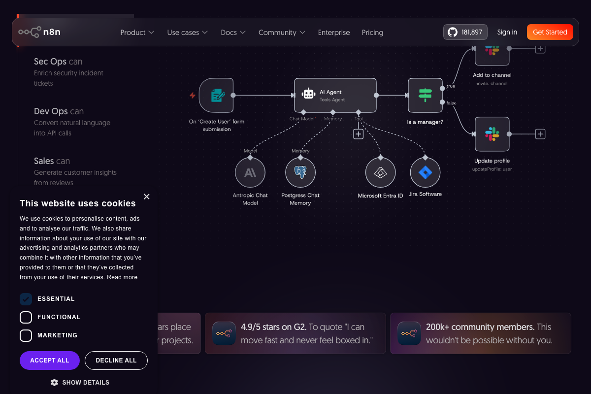 n8n workflow canvas showing an AI Agent node connected to Anthropic Chat Model, Postgres memory, Microsoft Entra ID, and Jira Software — confirming LLM-powered automation capability