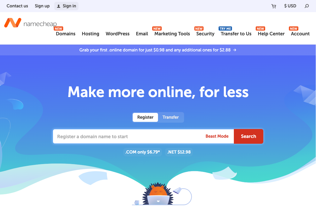 Namecheap.com main homepage showing new domain registration at $6.79 for .COM — not the Namecheap Market where aged domains are auctioned