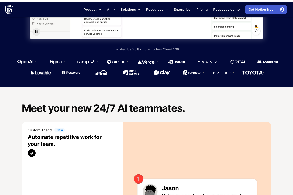 Notion Custom Agents 'Meet your new 24/7 AI teammates' section showing use cases that overlap with the Claude Code + Notion MCP workflow