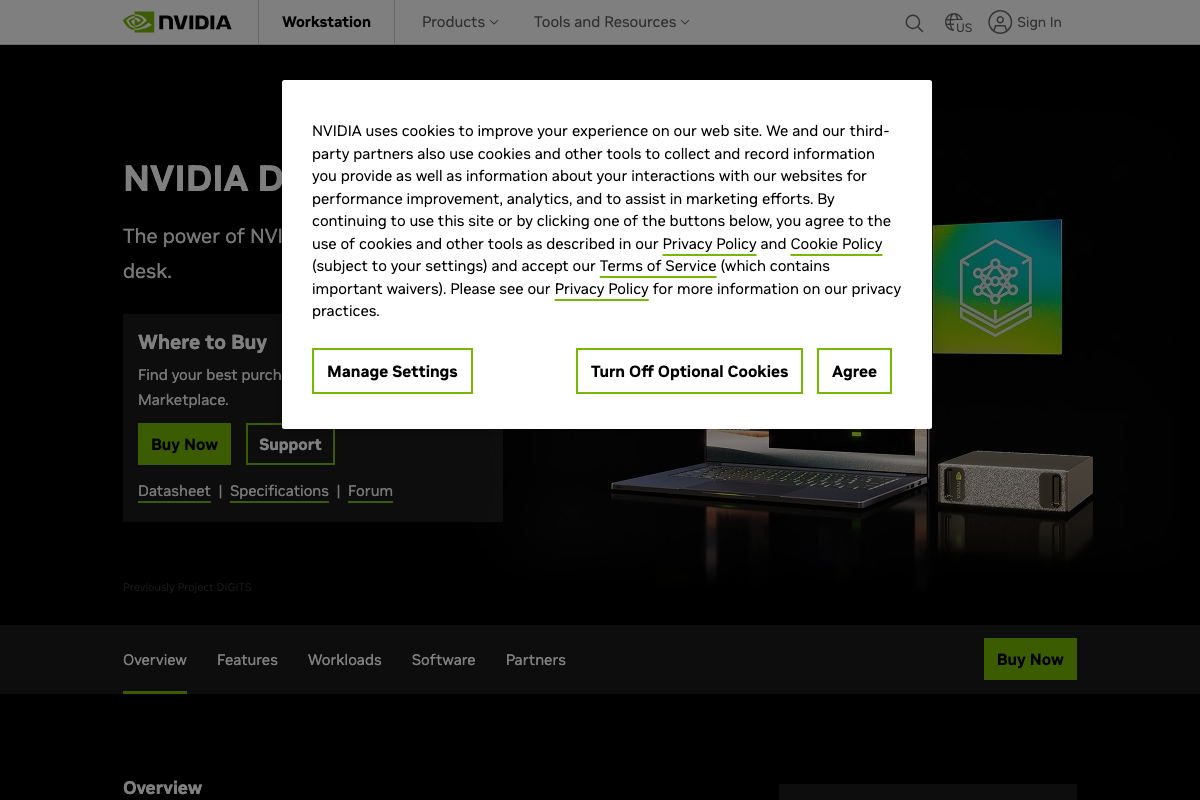 NVIDIA DGX Spark product page on nvidia.com, confirming the Blackwell-powered personal AI supercomputer as an available product with purchase and support options.