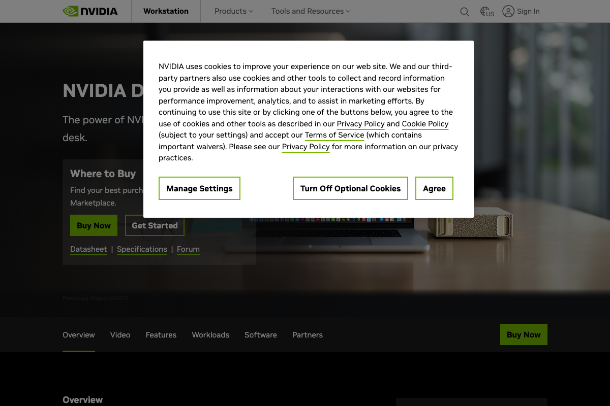 NVIDIA DGX Spark official product page at nvidia.com, listed under the Workstation product line with a 'Buy Now' CTA, confirming the device is a commercially available NVIDIA product.